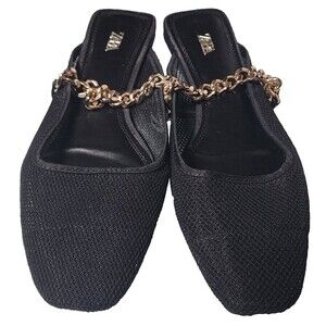Zara Black Mesh Slide Shoes w/Gold Chain Size EU 39